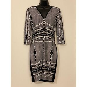 Yoana Baraschi Black White Geometric Knit Maasai Dress V-Neck 3/4 Sleeve Size M